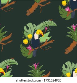 Tropical bird seamless pattern background. Toucan sitting on branch. Vector illustration.Vector illustration. with fruits and leafs