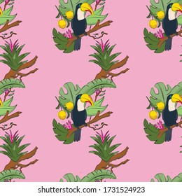 Tropical bird seamless pattern background. Toucan sitting on branch. Vector illustration.Vector illustration. with fruits and leafs