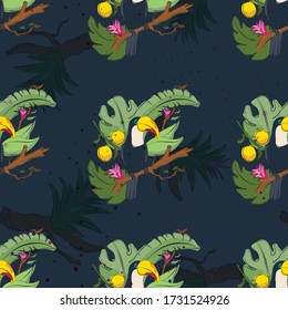 Tropical bird seamless pattern background. Toucan sitting on branch. Vector illustration.Vector illustration. with fruits and leafs