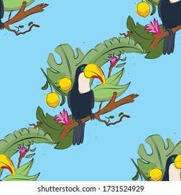 Tropical bird seamless pattern background. Toucan sitting on branch. Vector illustration.Vector illustration. with fruits and leafs