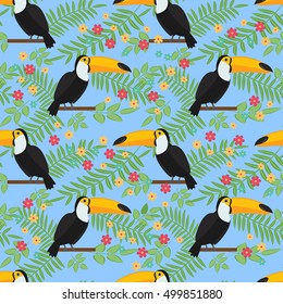 Tropical bird seamless pattern background. Toucan sitting on branch. Vector illustration.