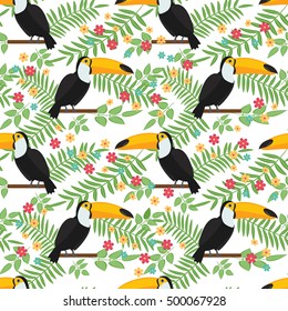 Tropical bird seamless pattern background. Toucan sitting on branch. Vector illustration.