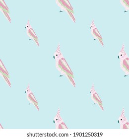 Tropical bird seamless pattern with beige parrot ornament. Blue background. Pastel palette artwork. Vector illustration for seasonal textile prints, fabric, banners, backdrops and wallpapers.
