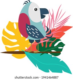 A tropical bird sits on a branch with leaves. Summer tropical illustration isolated on white background in cartoon style.. Vector illustration for use in decor, postcards, brochures, flyers and invita
