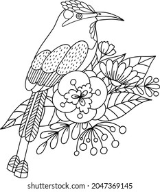 A tropical bird sits on a branch with flowers and leaves. Black and white vector illustration, coloring book.