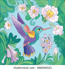 Tropical bird square colored composition with flat image of bird surrounded by exotic leaves and flowers vector illustration