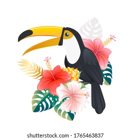 Tropical bird toucan cartoon animal design, flat vector illustration on white background