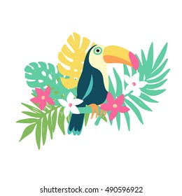 Tropical bird toucan and exotic plants and flowers, trendy fashion print. Design element