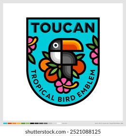 Tucano de aves tropicais com frutas e flores exóticas em escudo arredondado turquesa. Ilustração plana de estilo geométrico. 