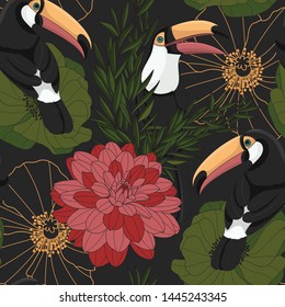 tropical bird toucan and green, red flower on the black background vector seamless pattern design.
