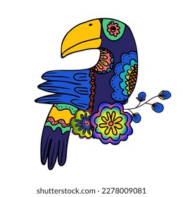 Tropical bird toucan. Vector hand drawn doodle illustration in mexican style. 
