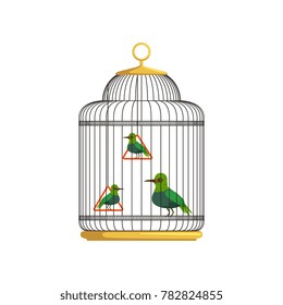 Tropical birds in antique hanging cell. Beautiful feathered creatures. Concept of domestic animals. People keep pets. Flat vector design for poster or flyer