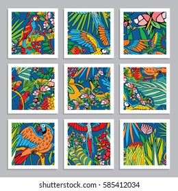 Tropical Birds Background. Vector Cards and Banners with Exotic Flowers and Birds.