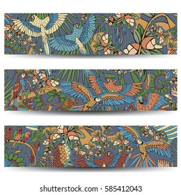 Tropical Birds Background. Vector Cards and Banners with Exotic Flowers and Birds.