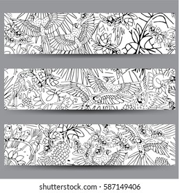 Tropical Birds Background. Vector Cards and Banners with Exotic Flowers and Birds.