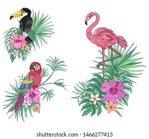 Tropical birds collection: parrot, flamingo and toucan. Vector design isolated elements. Exotic flowers and palm leaves. Exotic set tropical for wedding invitations, greeting card and fashion design.