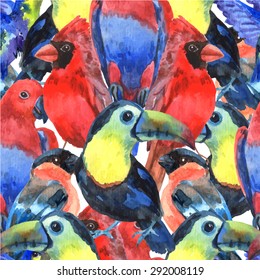 Tropical  birds colorful composition seamless pattern for screen printing with parrots and toucan heads abstract vector illustration