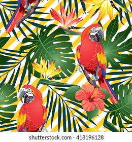 Tropical birds. Colorful parrots and exotic flowers. Vector.