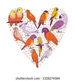 Tropical birds concept banner in colored line style
