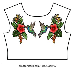 Tropical birds embroidery patches design t-shirt. Hummingbird and hibiscus embroidered.