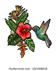 Tropical birds embroidery patches with flowers and leaves. Hummingbird embroidered.