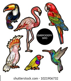 Tropical birds embroidery patches for your design. Vector illustration. Hummingbird, parrot, toucan, flamingo.