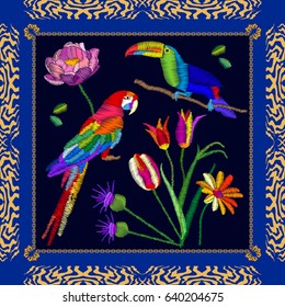 Tropical birds embroidery. Scarf pattern with parrot, toucan and flowers. Colorful composition with bohemian motifs.