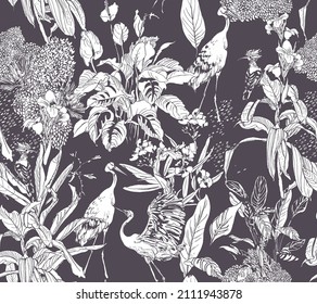 Tropical Birds in Exotic Flowers Linear Seamless Pattern, Jungle Tropical Wildlife and Plants Floral Print, Engraving Outline White on Violet Grey Color Flora and Fauna