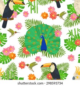 Tropical birds and exotic flowers and plants seamless pattern vector illustration