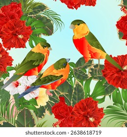 Tropical birds and tropical flovers red hibiscus watercolor vintage vector ilustration hand draw