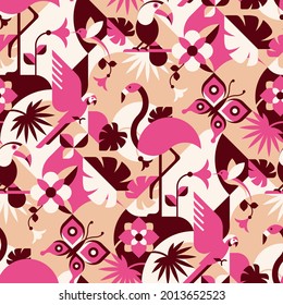 Tropical birds and flowers - abstract vector pattern, seamless with flamingo, toucan, hummingbird, parrot, butterfly. Perfect for fabric, textile, wallpaper.