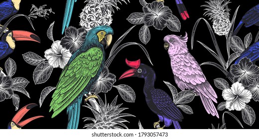 Tropical birds, flowers, fruits, leaves on black background. Floral seamless pattern. Pineapple, parrots, toucans. Exotic nature. Vector illustration. Vintage. Luxury summer design for Hawaiian shirts