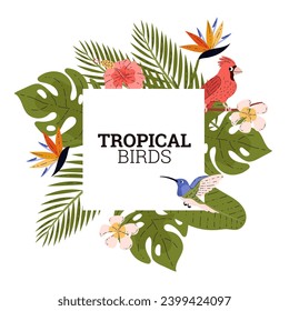 Tropical birds, flowers and leaves frame with square copy space. Jungle botanical design. Flat vector illustration template for card, invitation, poster.