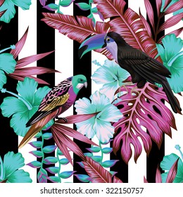 tropical birds and flowers pattern, striped background