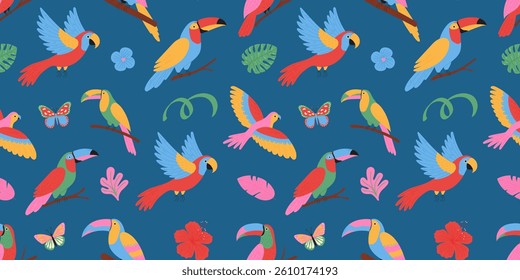 Tropical birds and flowers seamless pattern. Exotic flowers, leaves, parrot