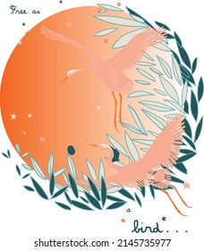 Tropical birds in front of the sun vector print design. Can be used for kid, t-shirt print, kids wear, poster, wallpaper, celebration, greeting card and invitation.