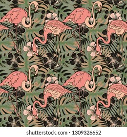 Tropical birds, leaves and flowers seamless pattern. Floral vector illustration. Exotic background.