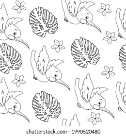 Tropical birds and leaves in one line seamless pattern. Vector illustration of cartoon animals coloring book for kids