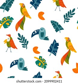 Tropical birds and leaves seamless pattern. Parrots and toucans background.  Jungles. Perfect for printing on fabric, clothing, wrapping paper, wallpaper, baby things. Vector illustration.