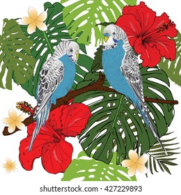 Tropical birds, love parrots , tropical flowers seamless pattern