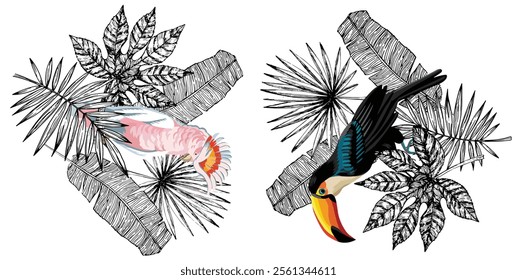 Tropical Birds and Lush Leaves Design