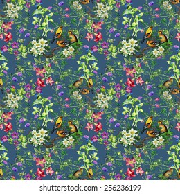 Tropical birds with on blooming tree colorful seamless pattern on blue background vector illustration