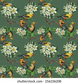 Tropical birds with on blooming tree colorful seamless pattern on green background vector illustration