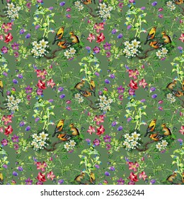 Tropical birds with on blooming tree colorful seamless pattern on green background vector illustration