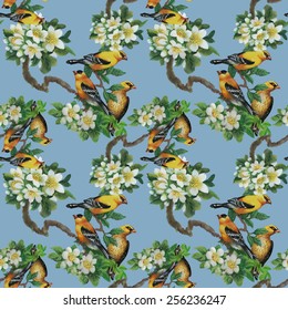 Tropical birds with on blooming tree colorful seamless pattern on blue background vector illustration