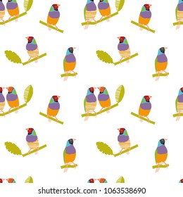 Tropical birds on branches in bright colors isoleted. Couple of amadina. Stilisated parrots pattern
