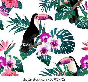 Tropical birds, orchids and palm leaves seamless background. Vector. 