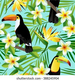 Tropical birds and palm leaves seamless background. Vector.