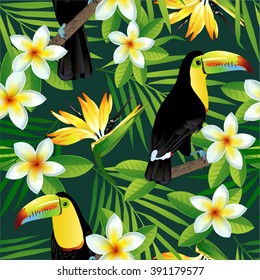 Tropical birds and palm leaves seamless background. Vector.