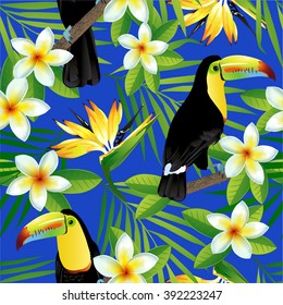 Tropical birds and palm leaves seamless background. Vector.